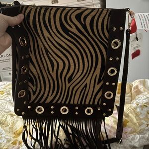 Stylish Black and Tan Fringe Shoulder Bag